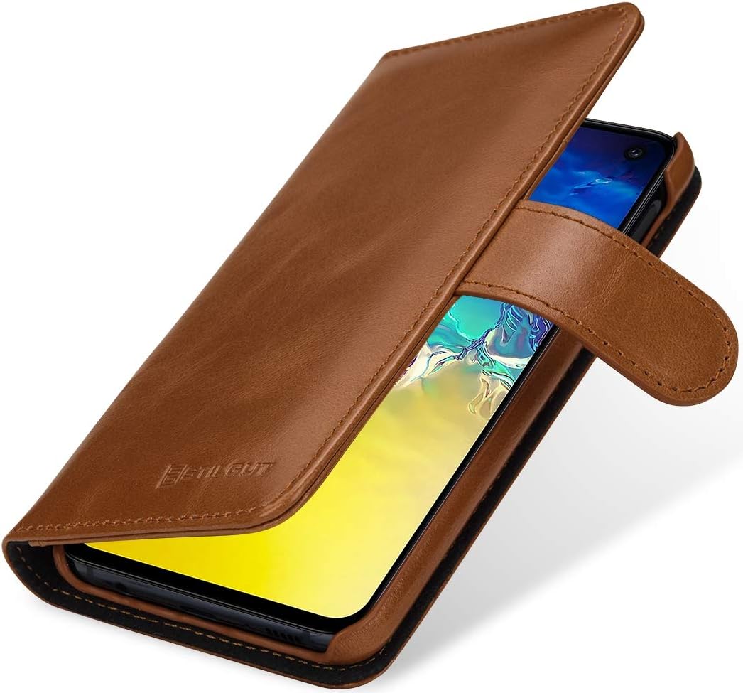 StilGut Genuine Leather Case Compatible with Galaxy S10e, Wallet Cover with Card Slots & Magnetic Closure, Cognac Brown
