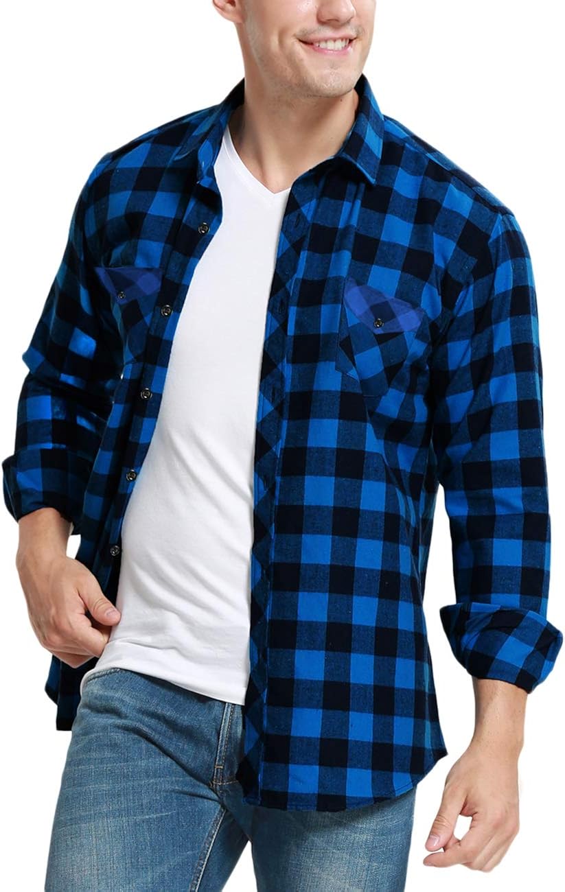 JEETOO Men's Flannel Classic Plaid Shirts Long Sleeve Regular Fit