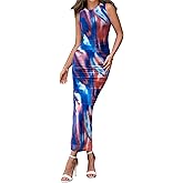 BTFBM Women Bodycon Maxi Dresses 2025 Summer Sleeveless Floral Ruched Slit Mesh Party Cocktail Wedding Guest Tank Dress