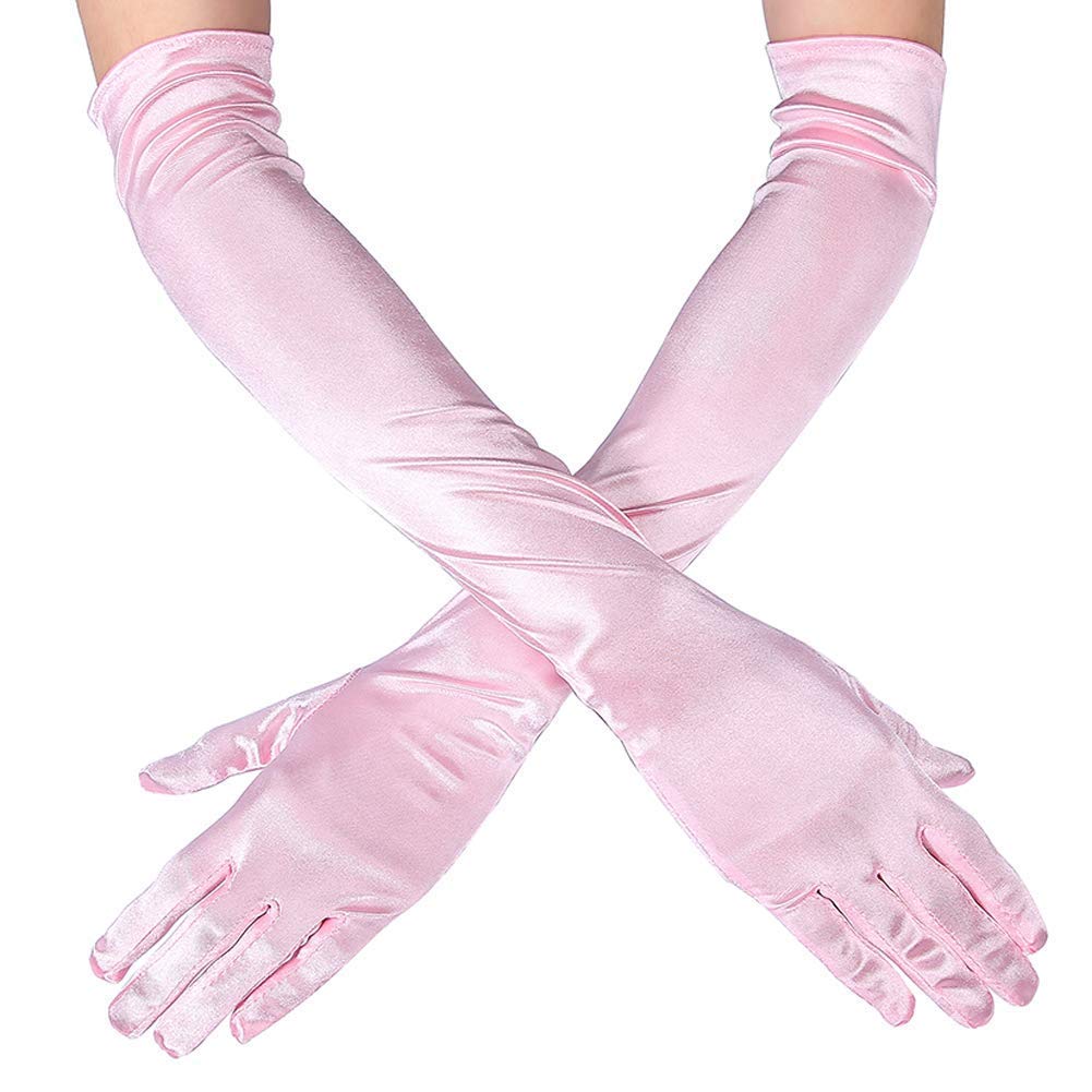 Ruiuzi Women Long Evening Gloves Satin Elbow Gloves Bridal Fancy Dress Gloves Wedding Prom Opera Gloves 1920s Style for Women (Pink)