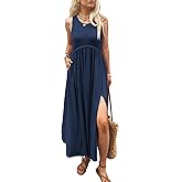 Mieazom Women's Maxi Dress Summer Sleeveless Crewneck Swing Sundress Casual Loose Long Dresses with Pockets