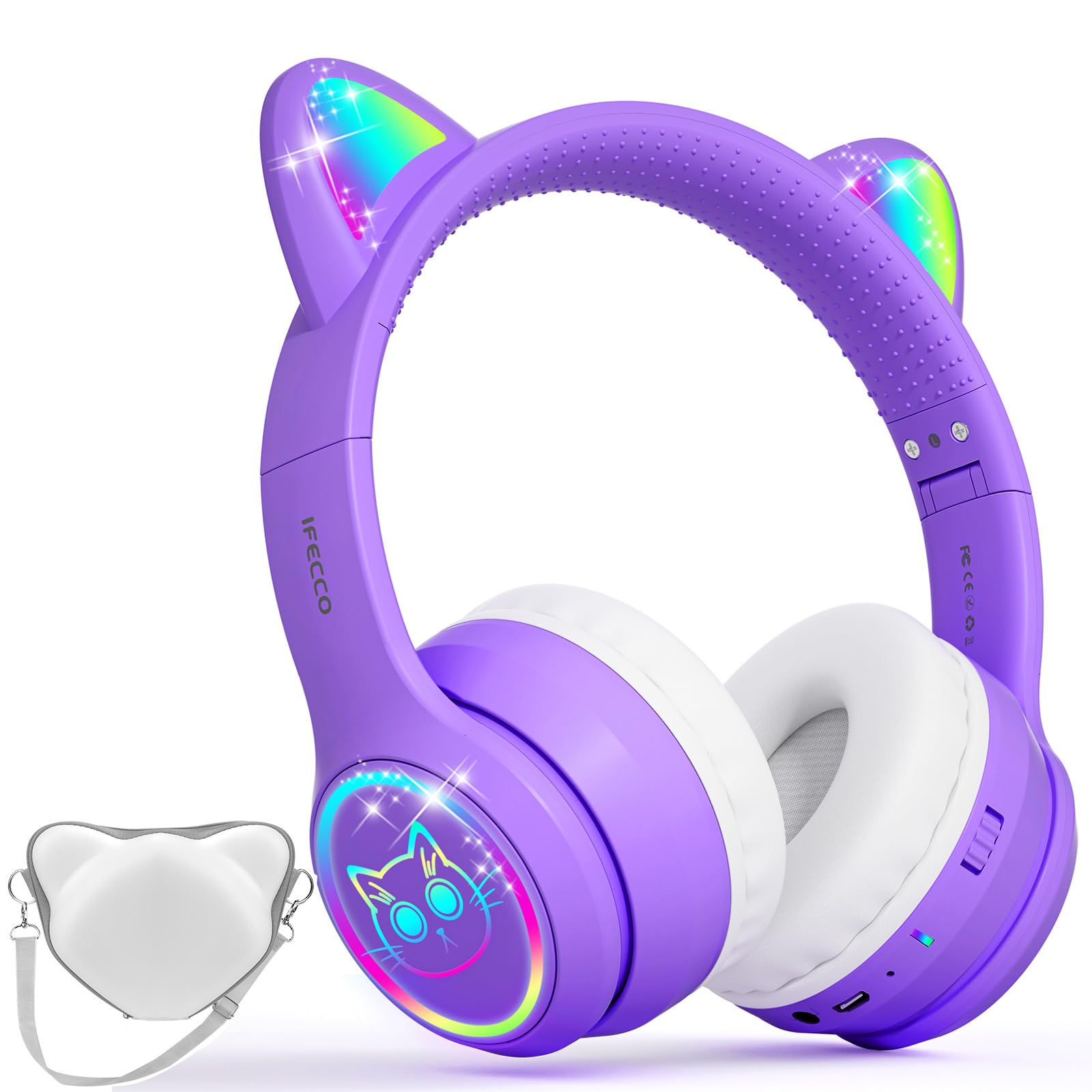 I love e iFecco Kids Headphones with Microphone Light Up Cat Ear Bluetooth Wireless Headset Volume-limiting for Girls Boys for School Gifts with Case (Purple) Image