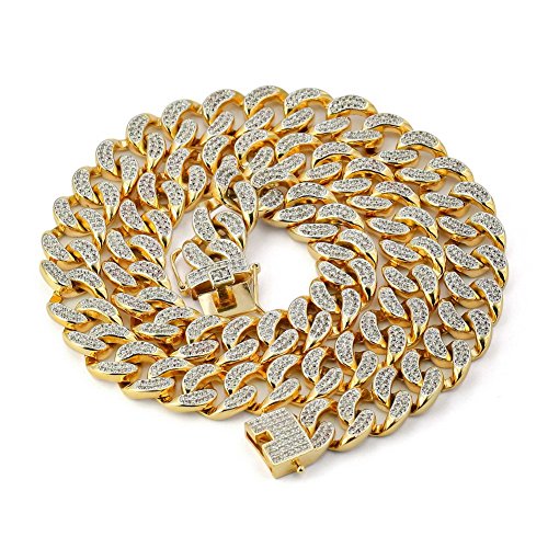 JINAO 14mm 18k Gold Plated All ICED Out Simulated Diamond Miami Cuban Chain Necklace (Gold, 24)