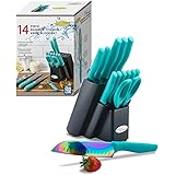 DISHWASHER SAFE Rainbow Titanium Cutlery Knife Set, Marco Almond KYA27 Kitchen Knives Set with Wooden Block, Rainbow Titanium