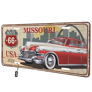 Beabes Missouri Route 66 Usa State Front License Plate Cover Vintage Car Silhouette Of Cityscape Retro Style Decorative License Plates For Car Aluminum Novelty Auto Car Tag Vanity Plates 6x12 Inch Amazon In Car
