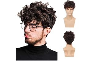 Swiking Men Curly Brown Wig Short Layered Fluffy Synthetic Hair Halloween Party Cosplay Costume Full Wigs (Brown)