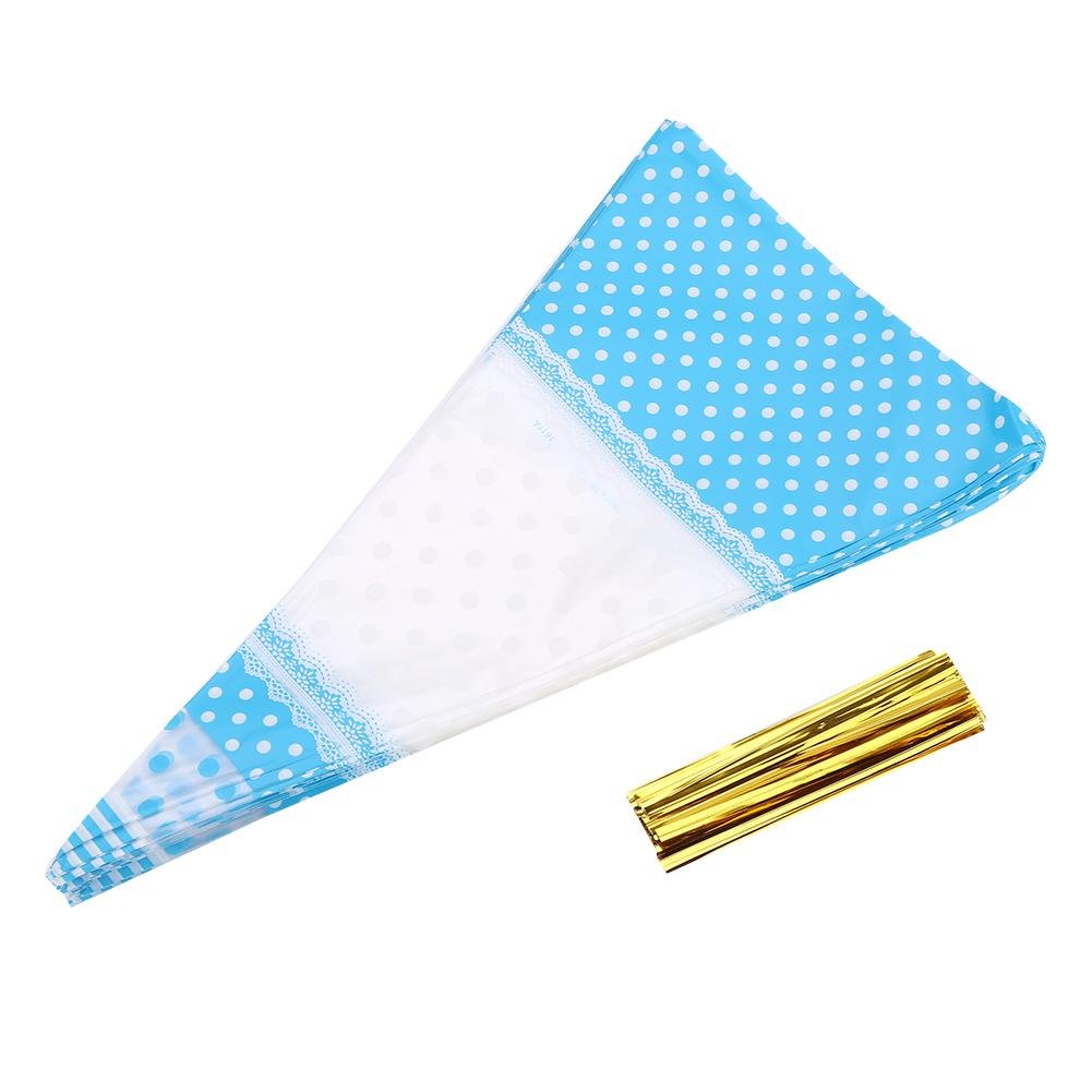 Ladieshow 50 Packs Clear Cone-Shaped Treat Popcorn Bags Cellophane Candy Bags with Twist Tie,for Party and Sweets(Blue)