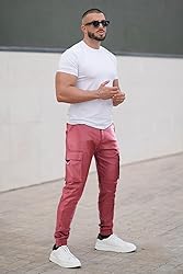 GINGTTO Mens Red Faux Leather Cargo Pants Slim Fit