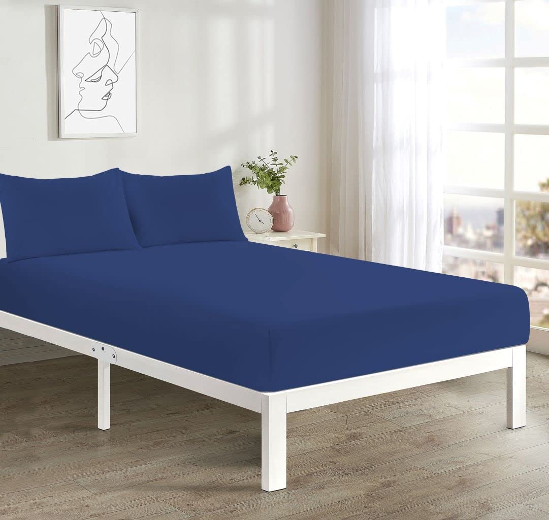 Comfort Collections Fitted Bed Sheet With FREE MATCHING 1 X PILLOW CASE Poly Cotton Percale Easy Care Plain Dyed Bed Sheet Royal Blue Single