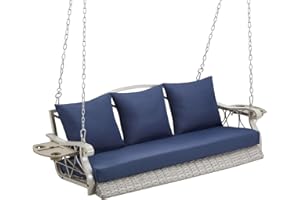 ZZW Heavy Duty 900 LBS Porch Swing Chair 3-Person Outdoor Rattan Patio Swing Lounge w/Cup-Holder & Steel Chains Wicker Hanging Bench Porch Swing Cushions for Deck & Backyard & Garden