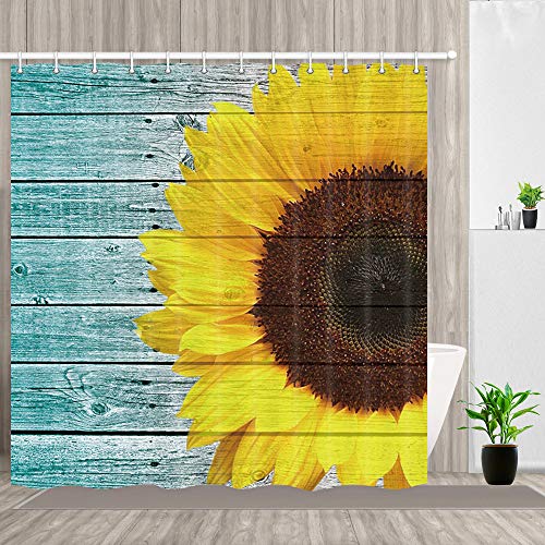 Sunflower Shower Curtain, Rustic Yellow Teal Floral Flower on Country