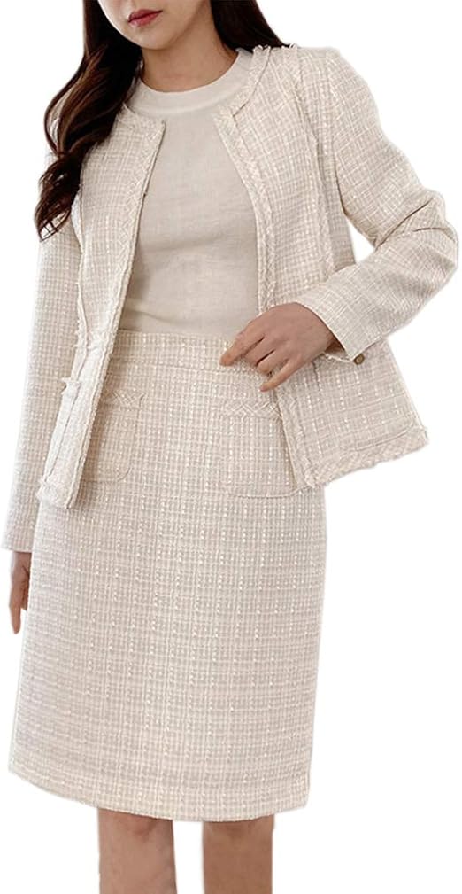 ツイードセットアップ ォーマルスーツ スカートスーツ ツイード ノーカラージャケットレディース 上下セット ラメツイード 入学式 S M スカートスーツ 通販 Amazon