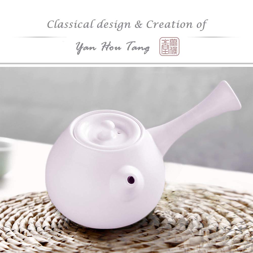 Yan Hou Tang White Elegant Japanese style Ceramics Glass Solo tea pot infuser and 2 cups set round the side of the handle Loose Leaf for Drink