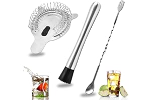 SENHAI Stainless Steel Cocktail Muddler, Spiral Mixing Spoon & 4-Prong Bar Strainer, Home Bar Bartender's Muddling Tool Set