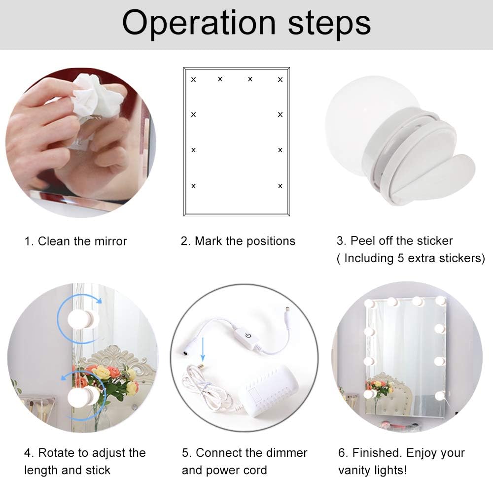 Chende Hollywood Style LED Vanity Mirror Lights Kit with Dimmable Light Bulbs, Lighting Fixture Strip for Makeup Vanity Table Set in Dressing Room (Mirror Not Include) - - 