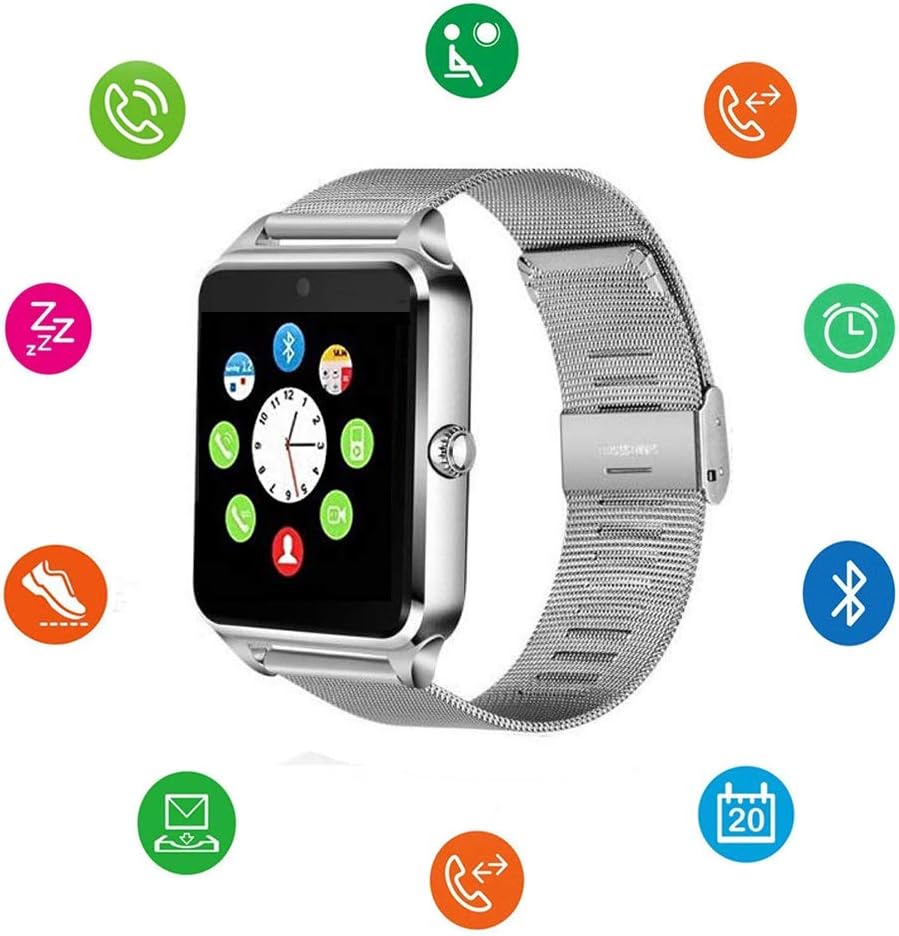 Bluetooth Smart Watch DOROIM Stainless Steel Strap, Camera, Call SMS Reminder, Sleep Monitor, Pedometer, Support SIM TF Card for Android iPhone Men Women Boys Girls (Silver)