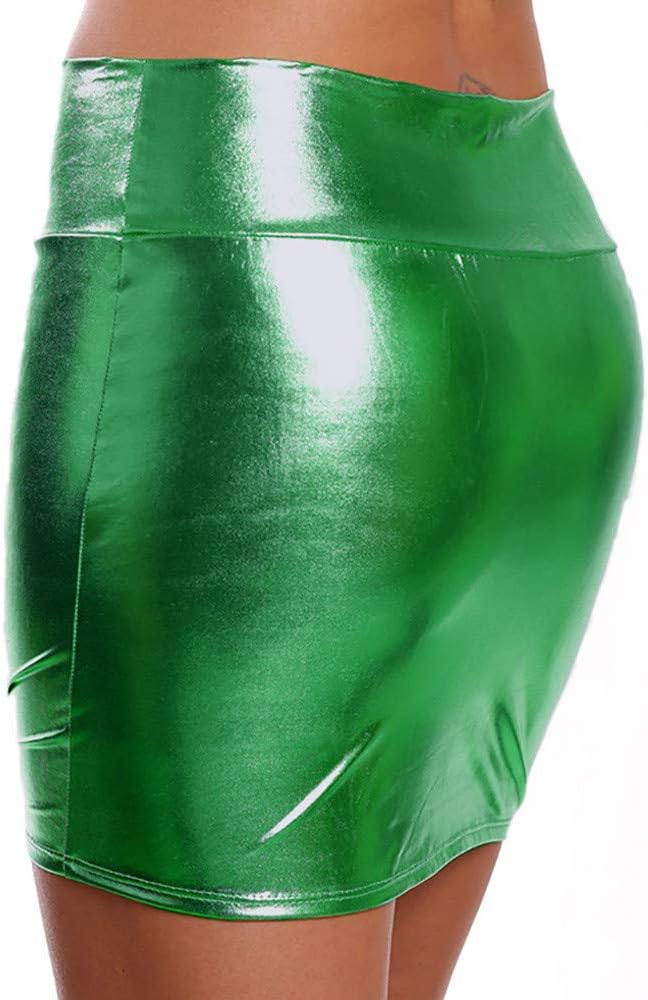 Women's Shiny Metallic Dress Bodycon Wet Look PVC Mini Skirts, Women Imitation Leather Lingerie Skirt Slim Buttocks Short Straight Mini Skirt
