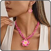 CLOORDE Hawaiian Flower Necklace Earrings Set for Women Pink Plumeria Flower Necklace Hawaii Style Flower Petal Dangle Earrings Summer Beach Tropical Hawaii Jewelry Accessories for Her