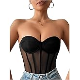 OYOANGLE Women's Mesh Strapless Corset Bodysuit Sleeveless Slim Fitted Tube Top Bodysuits Party Clubwear