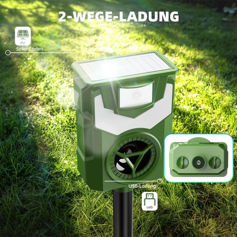 Ultrasonic Cat Repellent, Solar and USB Animal Repellent, IP54 Waterproof Outdoor Cat Repellent with LED Flame Light and Detector for Cats Dogs Mice Raccoons Birds