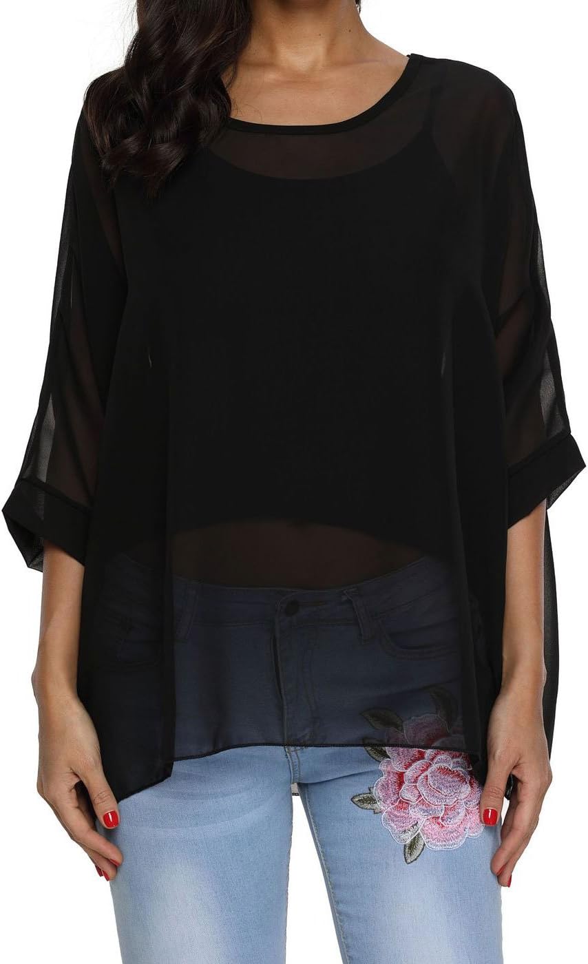 OUKIN Women Boho Stripe Sheer Chiffon Blouse Loose Batwing Sleeve T-Shirt Tunic Pullover Tops