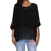 Rokou Women Chiffon Blouse Floral Batwing Sleeve Beach Cover Loose Tunic Shirt Tops