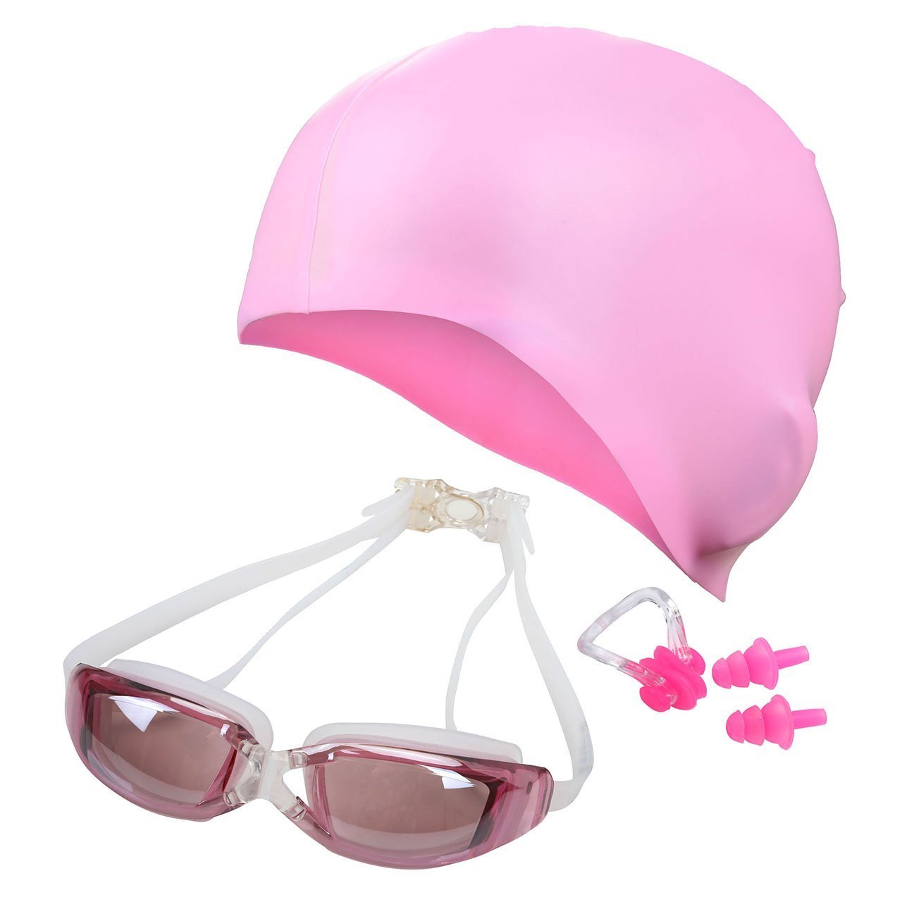 quinergys sweet pink - swimming goggles+ nose clip+ silicone swim cap+ear plugs, swim goggles anti fog uv protection for adult men women youth kids child