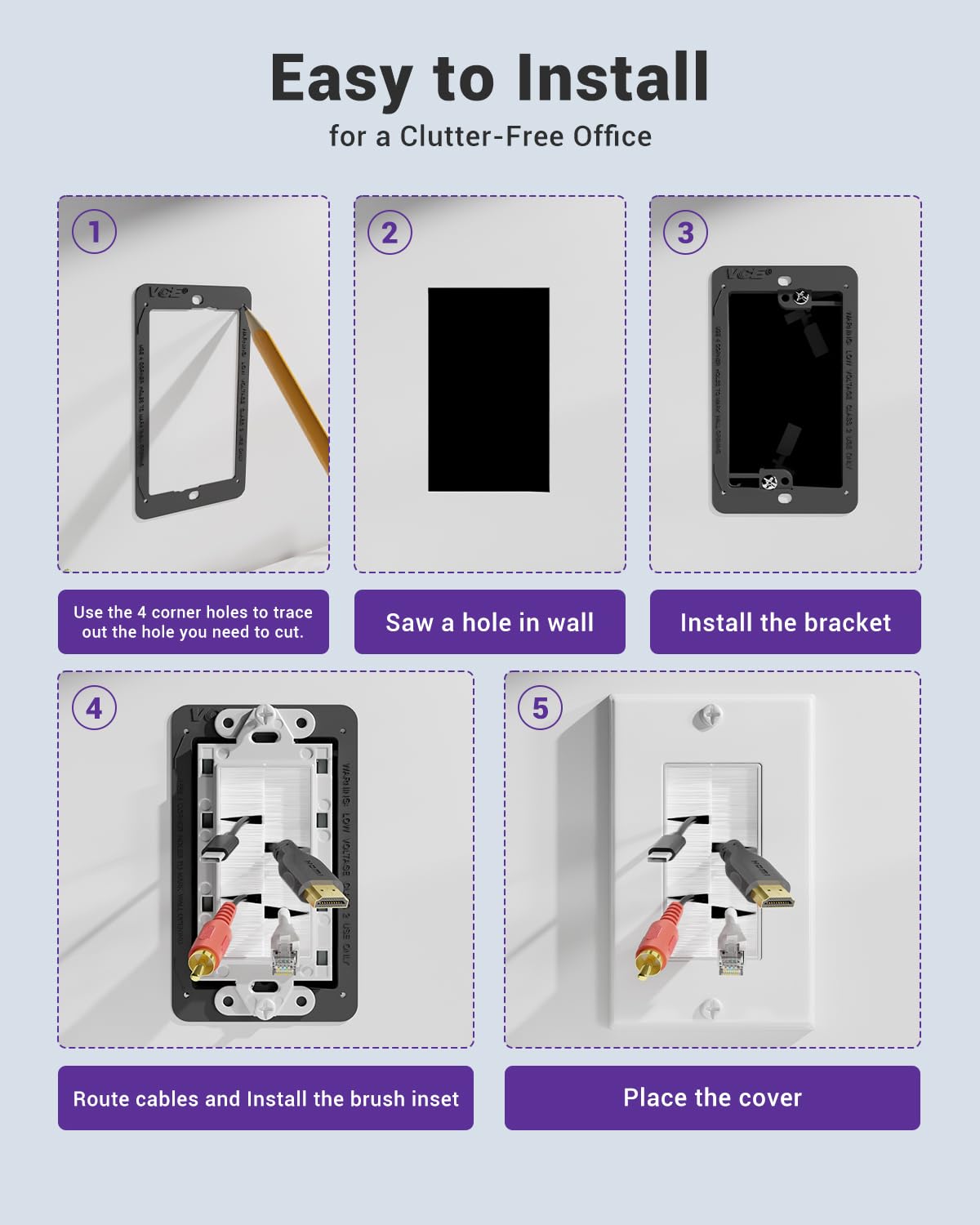 VCE Brush Wall Plate with Mounting Bracket 3-Pack, Cable Pass Through Insert Single Gang Wall Cover for Low Voltage Cables, Cord Hider for Wall Mount TV, Home Theater System, White