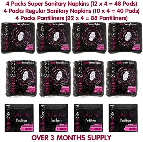 SofiesSecret Feminine Hygiene Pack NEW (176 Pads) with 4 Packs of Regular Sanitary Napkins (12 x 4= 48 Pads) + Super Sanitary Pads (10 x 4=40 Pads) + 4 Packs Pantiliners (22 x 4=88 Liners)