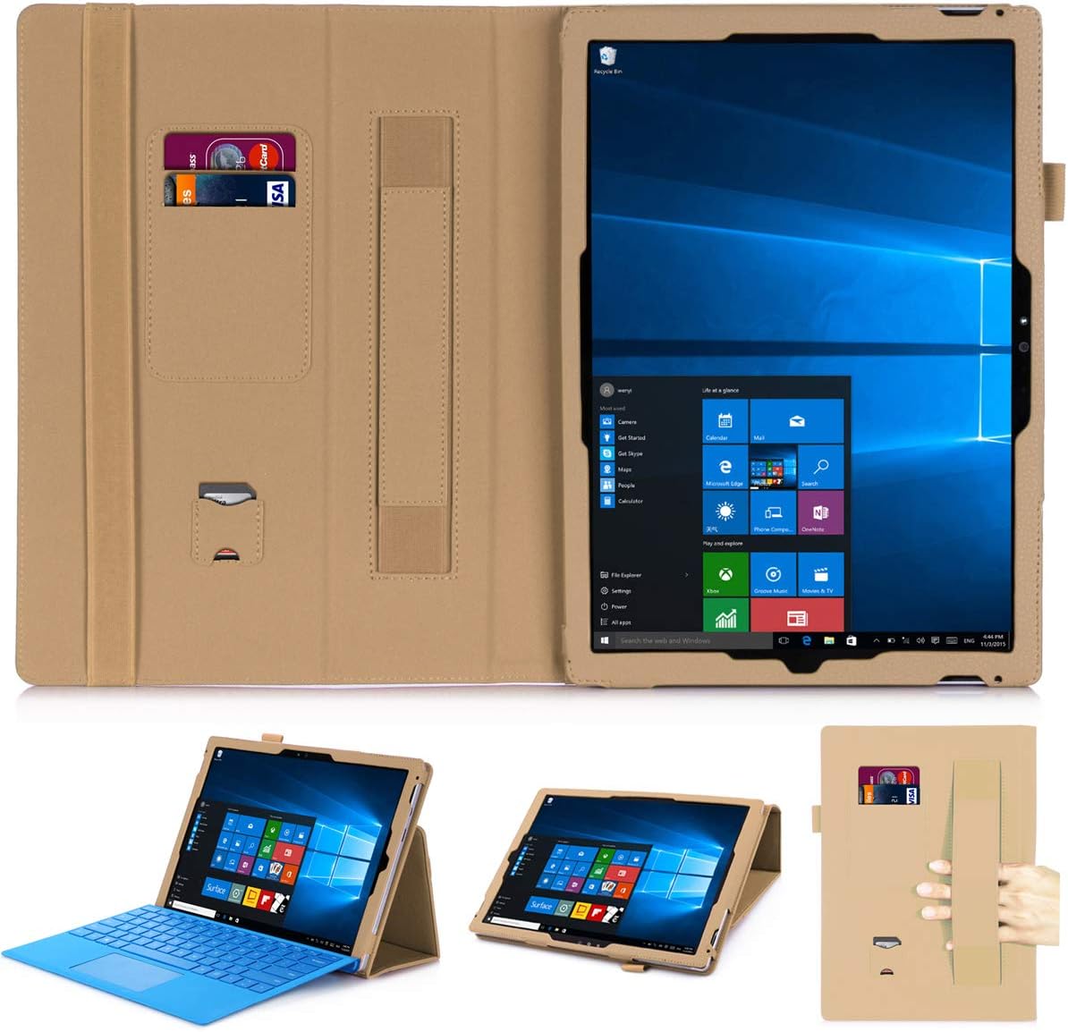 YD US Tech Jasilon Premium Folio Leather Case for Microsoft Surface Pro 7/Pro 6/Pro 5/Pro 4/Pro 3 with Hand Strap, Card Slots, Compatible with Type Cover Keyboard-Gold