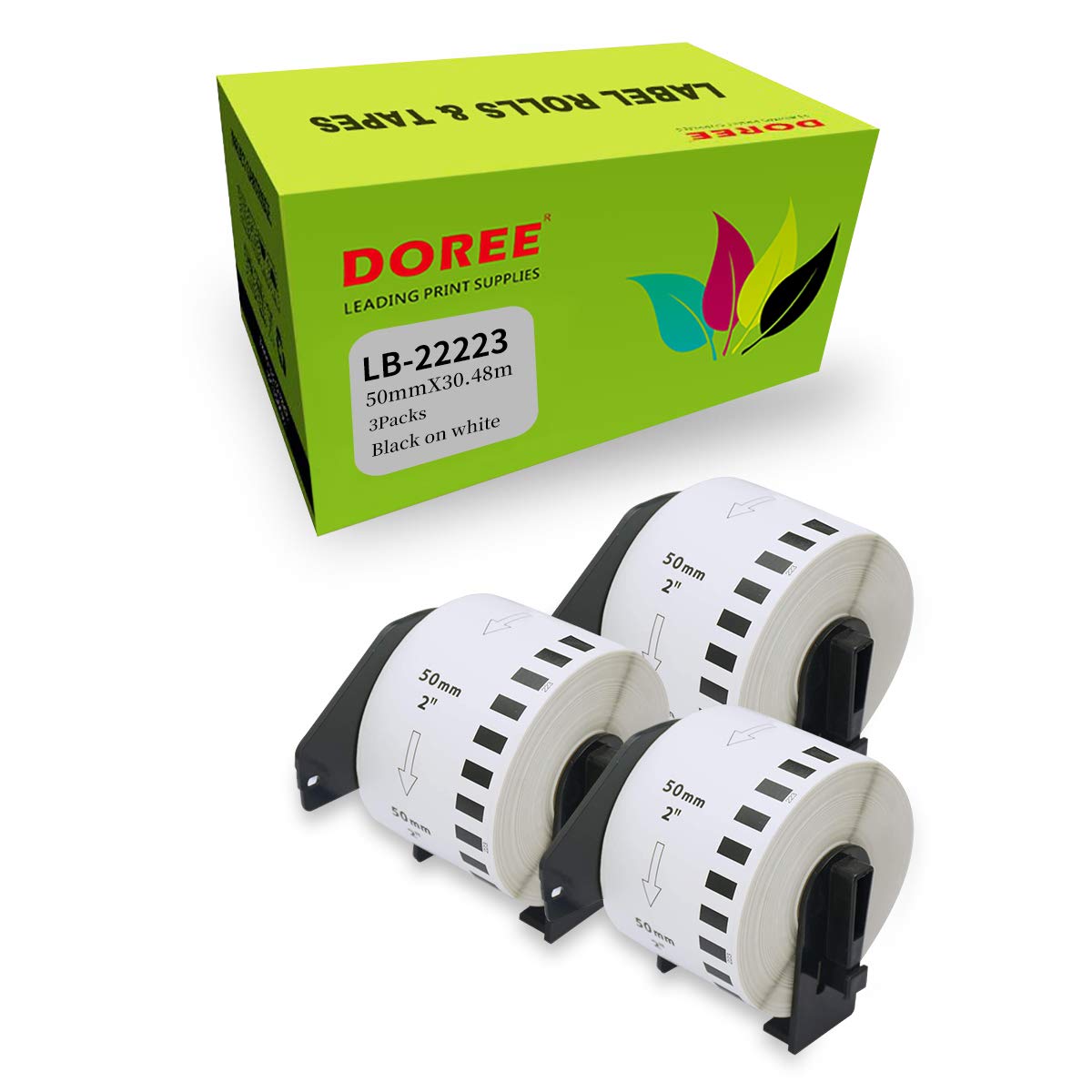 DOREE (Pack of 3 Rolls) DK-22223 - Compatible Address Labels for Brother DK22223, 50 mm x 30.48 m, White on Black, for Brother QL-500 QL-550 QL-570 QL-700 QL-800.