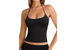 REORIA Women's Sexy Halter Backless Double Lined Tank Top Y2k Trendy Camisole Crop Tops
