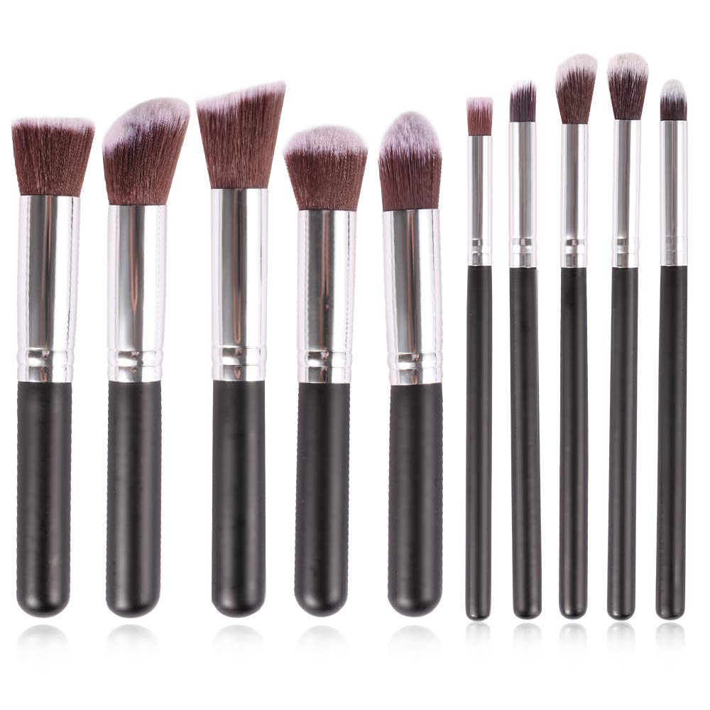 Proxonic-10 Pcs Makeup Brush Set Premium Synthetic Fibers Brush Blending Foundation Eyeshadow Face Powder Brush Travel Make-up Brushes Collection Exquisite Box packaging (Black Silver)