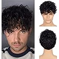 Kaneles Short Curly Mens Black Wig Fluffy Synthetic Cosplay Halloween Hair Wig for Male Guy