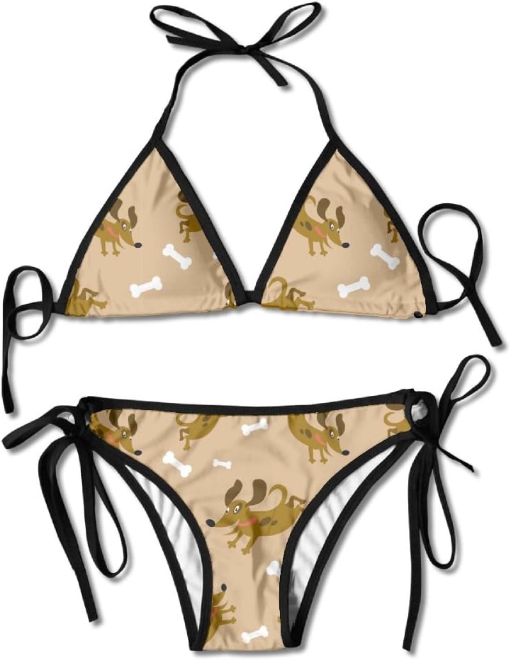 IujD5AS Women's Swimwear Chasing Bones Running Dog V-Neck Triangle Bikini Swimsuits