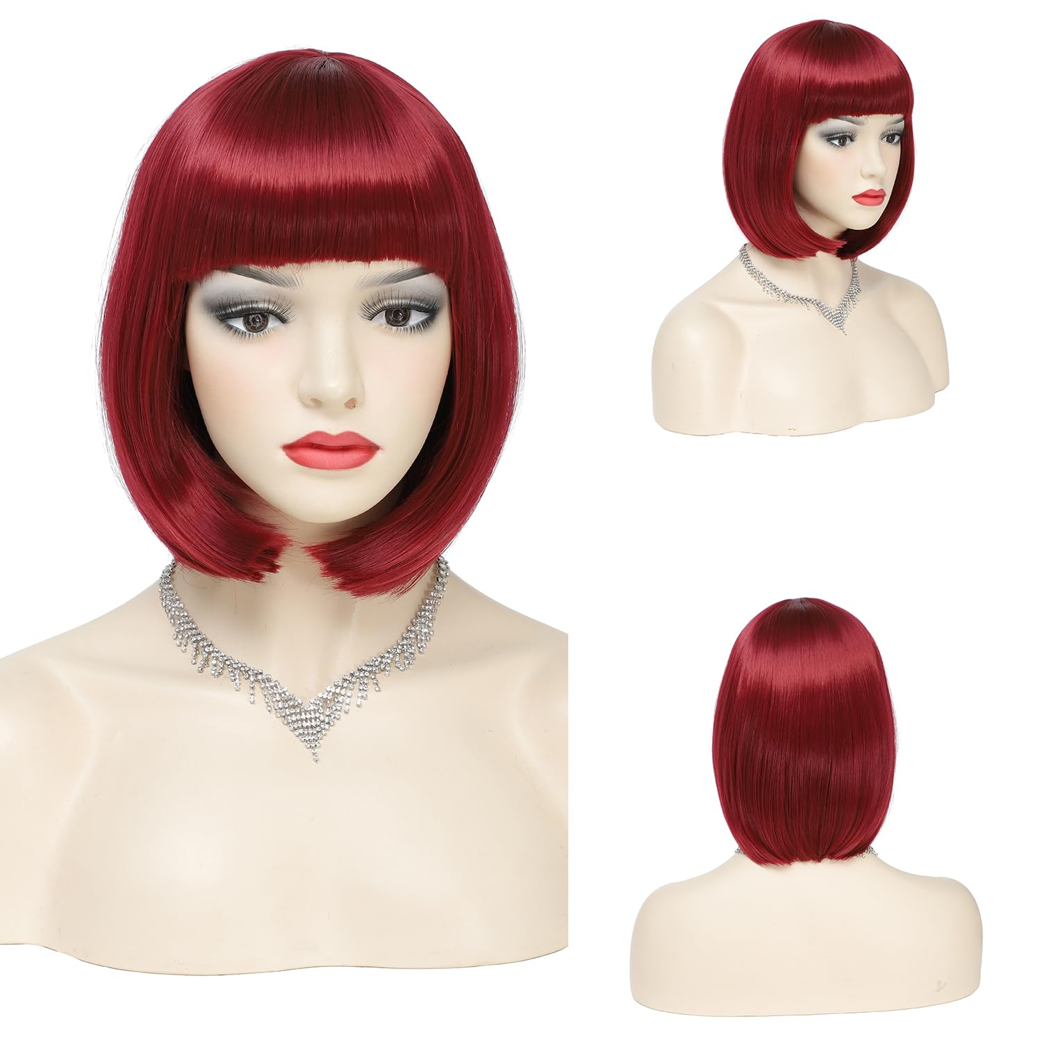 Short Bob Wigs with Fringes/Bangs for Women, Premium Heat Resistant Synthetic Fiber Layered Hair Wigs for Daily Party/Halloween/Cosplay (#99J-Burgundy)