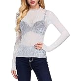 COOUFE Women's Long Sleeve Mesh Tops See Through Sheer Tee Shirts Mock Neck Floral Embroidery Tops for Layering