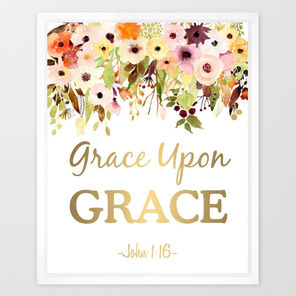 Eleville 8X10 Grace Upon Grace Real Gold Foil and Floral Watercolor Art Print (Unframed) Bible Quote Wall Art Home Decor Motivational Inspirational Poster Birthday Wedding Gift WG015