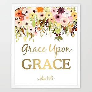 Eleville 8X10 Grace Upon Grace Real Gold Foil and Floral Watercolor Art Print (Unframed) Bible Quote Wall Art Home Decor Motivational Inspirational Poster Birthday Wedding Gift WG015