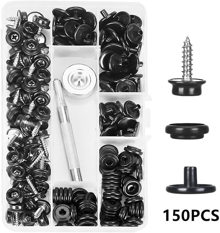 Kelife 150PCSStainless Steel Marine Grade 3/8" Socket Canvas Snaps Kit and Upholstery Boat Cover Snap Button Fastener Tool with 2Pcs Setting Tool for Boat Cover Furniture(Black)