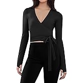 Cjfdfy Women’s Cropped Cross Wrap Top Long Sleeve with Thumb Holes for Pilates Ballet Workouts Yoga Gym