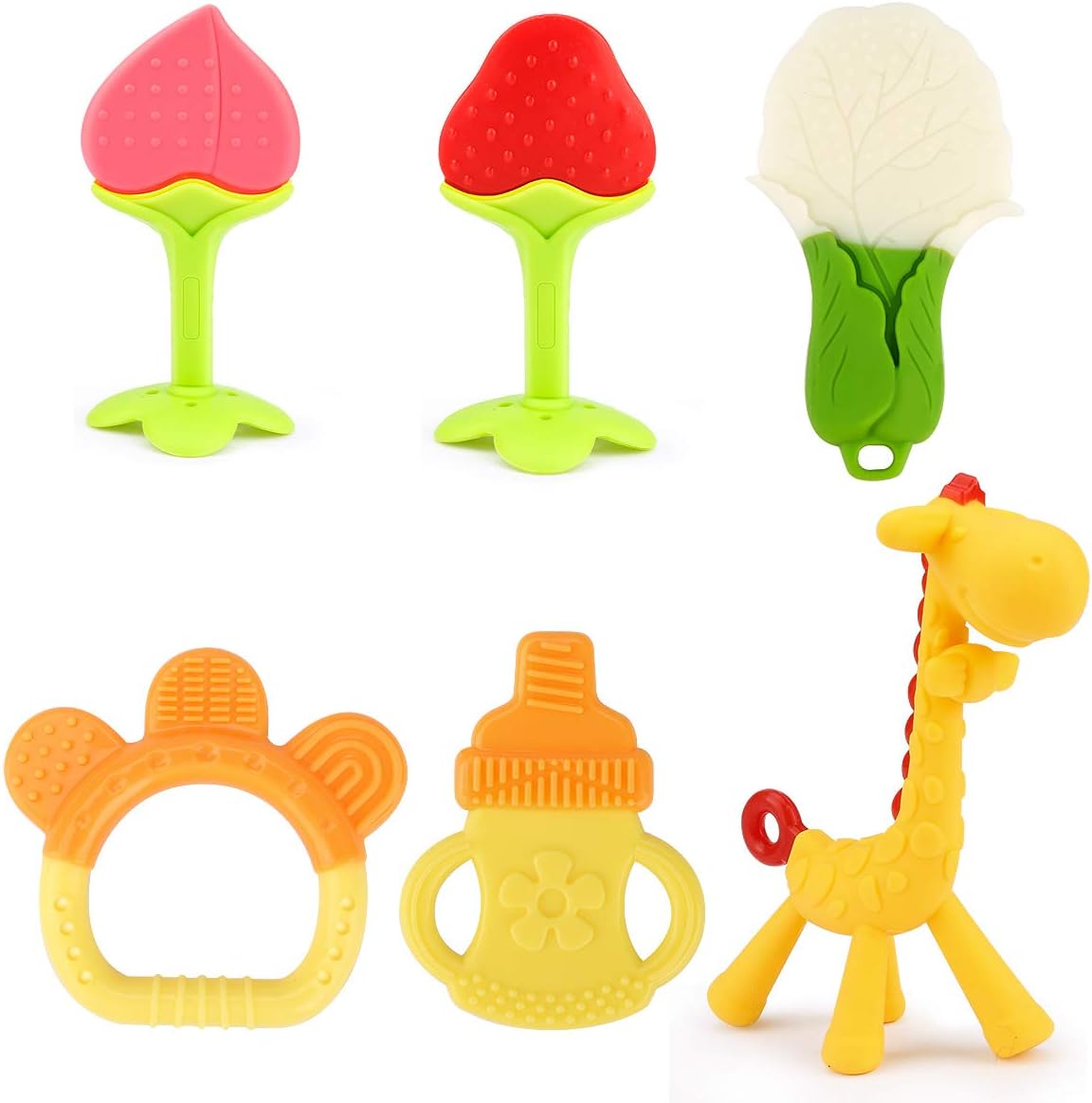 Jhua Baby Teething Toys Set 6 Pcs BPA Free Molar Teether Natural Silicone Baby Teether Toys - Soft Sensory - Soothing Pain Chew Toys for Babies Boys & Girls, Infant, Toddlers 3 Months and Above