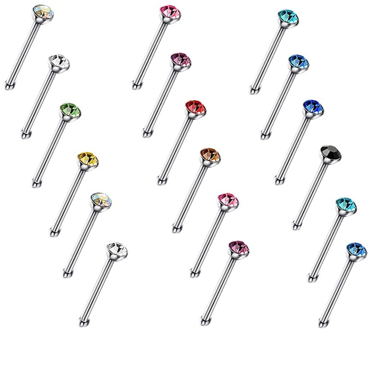 Distinct® 60Pcs Stainless Steel Nose Studs Rings Piercing Bars Set Straight Nose Rings Bone Studs Body Jewelry Unisex Gift for Women Men (Multi-Color)