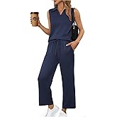 PINSPARK Two Piece Sets for Women Summer Outfits Sleeveless Lounge Sets V Neck Tops Wide Leg Crop Pants Travel Tracksuit