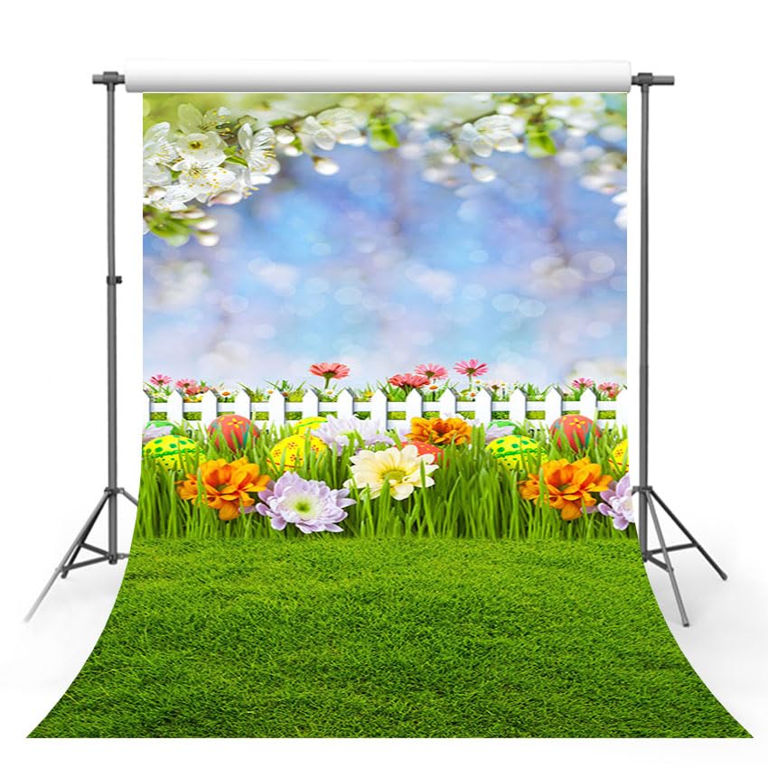 MEHOFOTO 5x7ft Spring Photography Backdrop Blue Sky Fence Lawn Flower Portrait Background Birthday Garden Party Decoration Adult Child Newborn Photo Studio Supplies