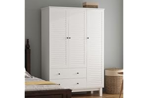 Hitow Wardrobe Armoire with 3 Louvered Doors, Large Freestanding Wardrobe Cabinet Closet with 2 Drawers & Hanging Rod, Bedroom Armoire Cabinet Clothes Organizer, White Type B (48" W x 20.2" D x 71" H)
