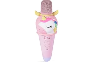 GINGILI LIFE Karaoke Microphone Machine for Kids Toddler Girls Toys 4-12 Years Old with Wireless Bluetooth Mic Speaker LED Light Cute Cartoon Unicorn Design Birthday Girls Gift(Unicorn Pink)