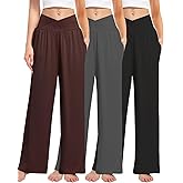 Kivdol 3 Pack Women's Wide Leg Pants Crossover with Pockets High Waist Loose Sweatpants Casual Lounge Yoga Workout Palazzo