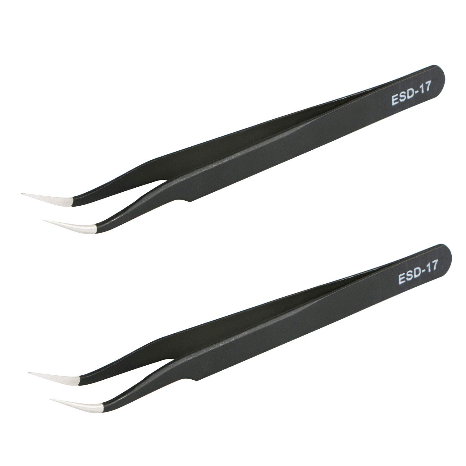 Aoje-Link ESD-17 Professional Anti-Static Precision Technology Tweezers, Non-Magnetic Fine Tip Curved, Stainless Steel Plastic Coated, Full Length 125mm, Black, 2pcs