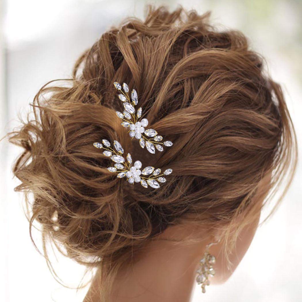 IYOU Bride Hair Pins Silver Bridal Wedding Pearl Flower Hairpin Rhinestones Headpieces Hair Accessories for Women and Girls(Pack of 2) (gold)